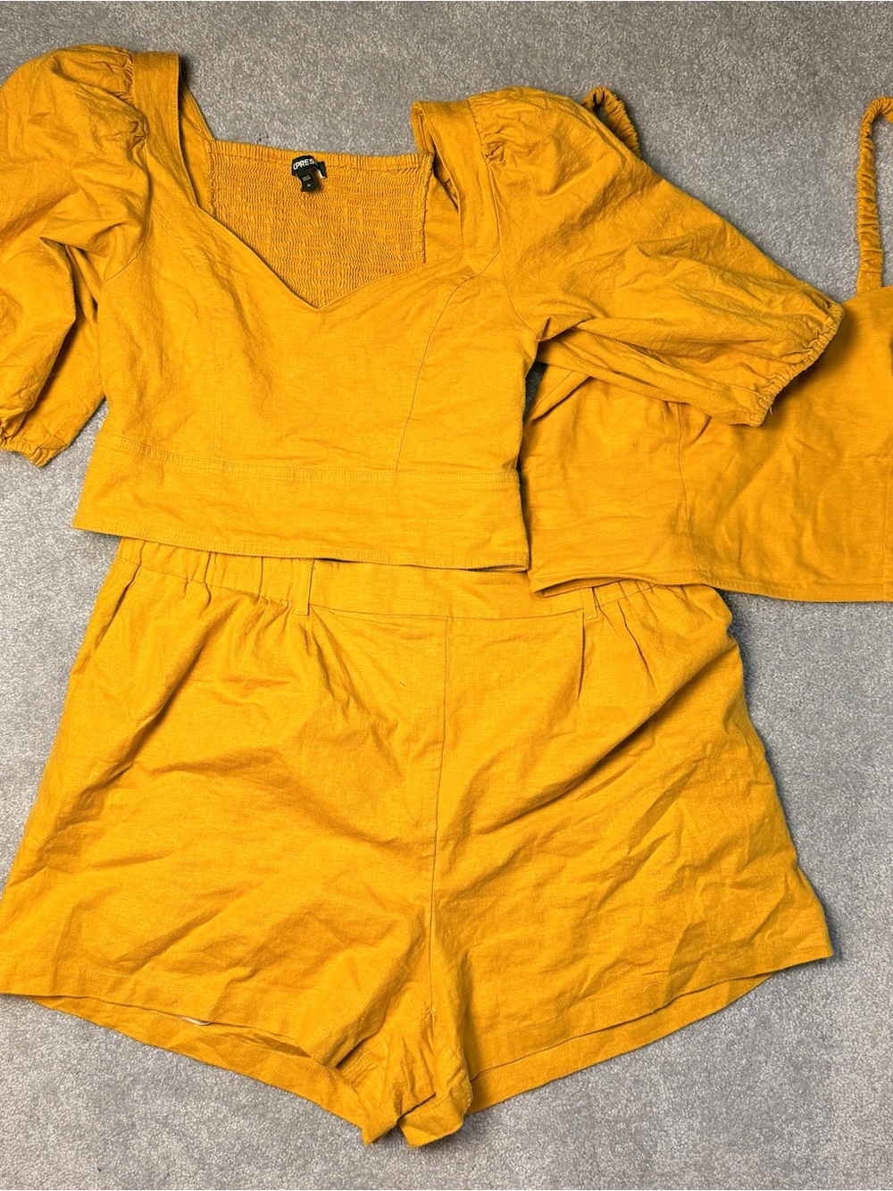 Express Mustard Yellow Three-Piece Crop Top, Puff Sleeve & Short Set